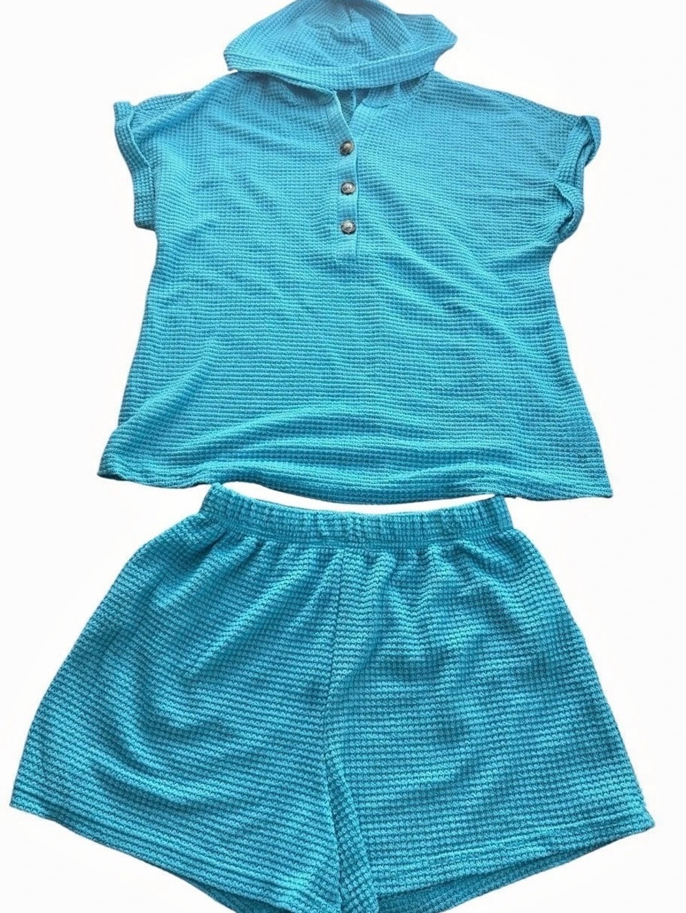 SHEIN Women’s 1XL Blue Waffle Knit Short Sleeve Hooded Henley & Shorts Set